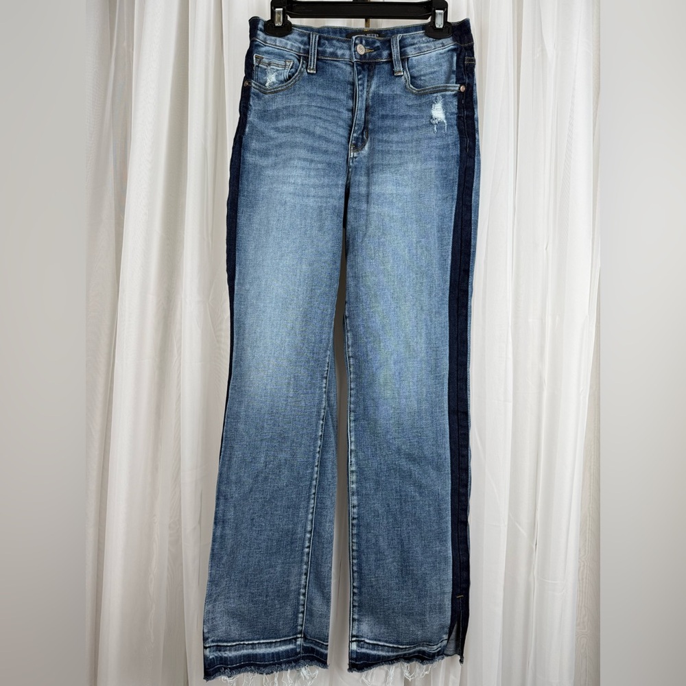 Judy Blue Jeans Womens Mid Rise Straight Raw Hem Split Side 28